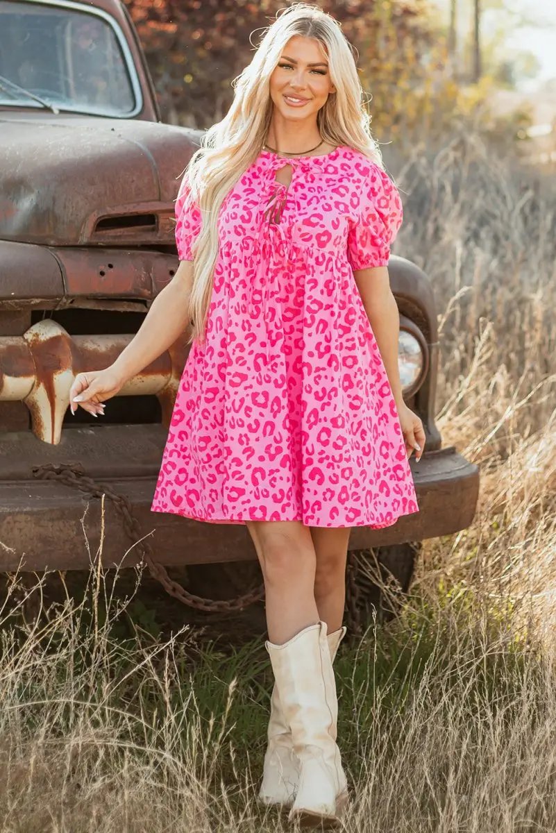 Rose Leopard Puff Sleeve Tie Front High Waist Mini Dress - Love Salve